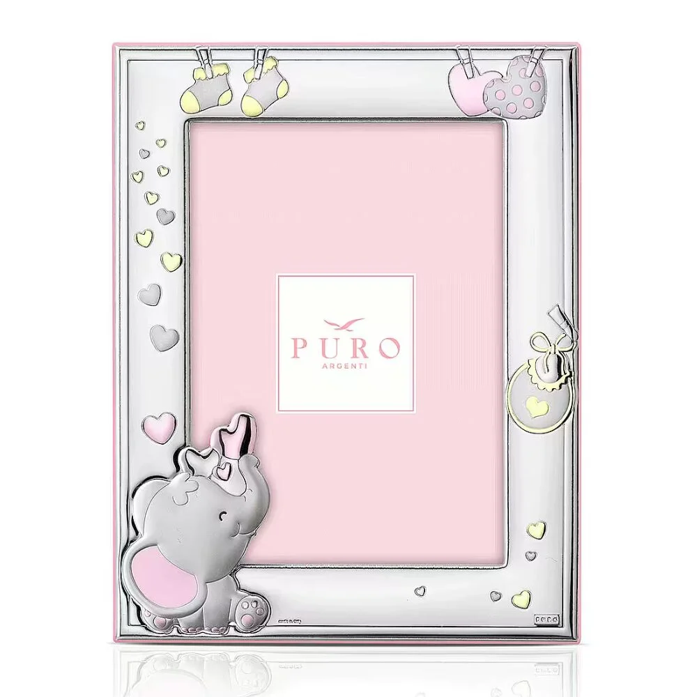 Cornice Baby Rosa Puro In Argento 999 Con Elefantino