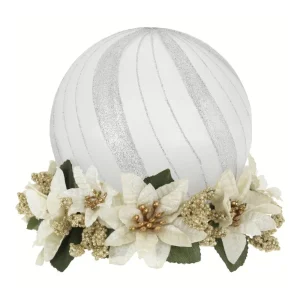 Palla Natalizia Bagutta In Vetro Argentato E Bianco Con Decorazione Floreale E Led