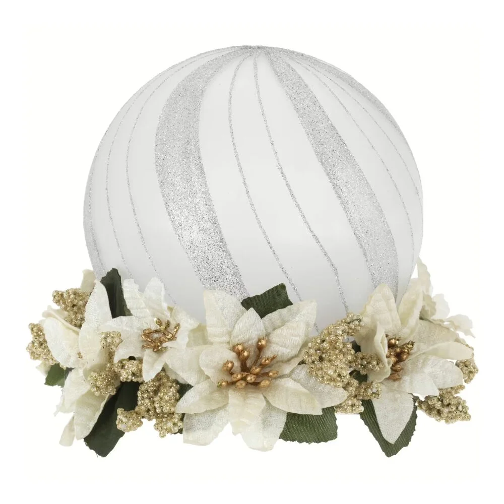 Palla Natalizia Bagutta In Vetro Argentato E Bianco Con Decorazione Floreale E Led